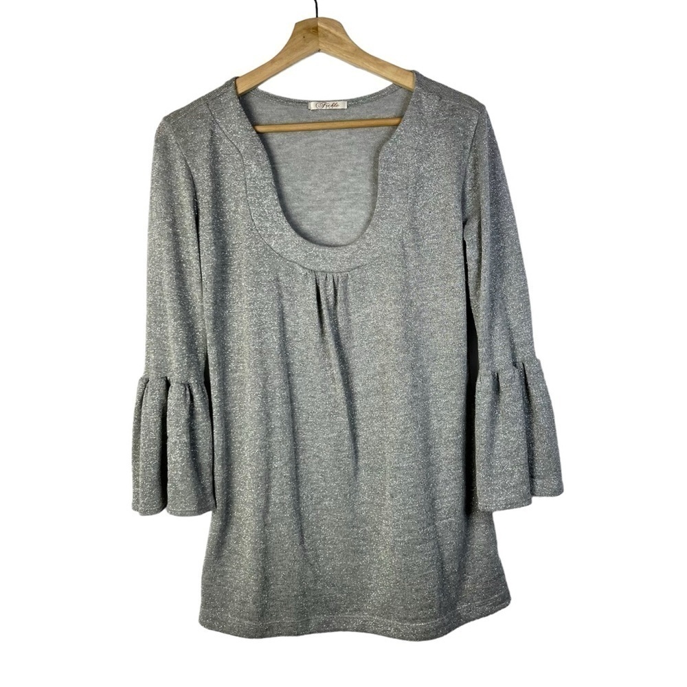 Boutique Fickle Gray Glitter Bell Scoop Neck Long Sleeve Blouse M